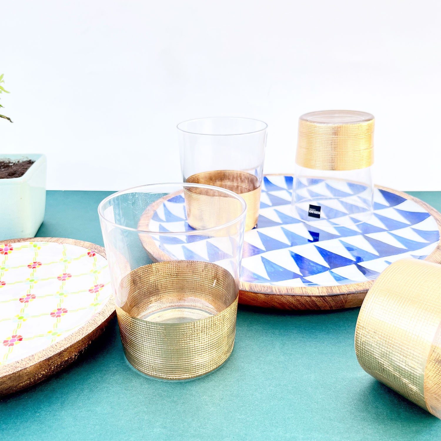 Golden Aesthetic Decorated Drinking Glass  - Set of 6 (4 inches height) | Peacoy