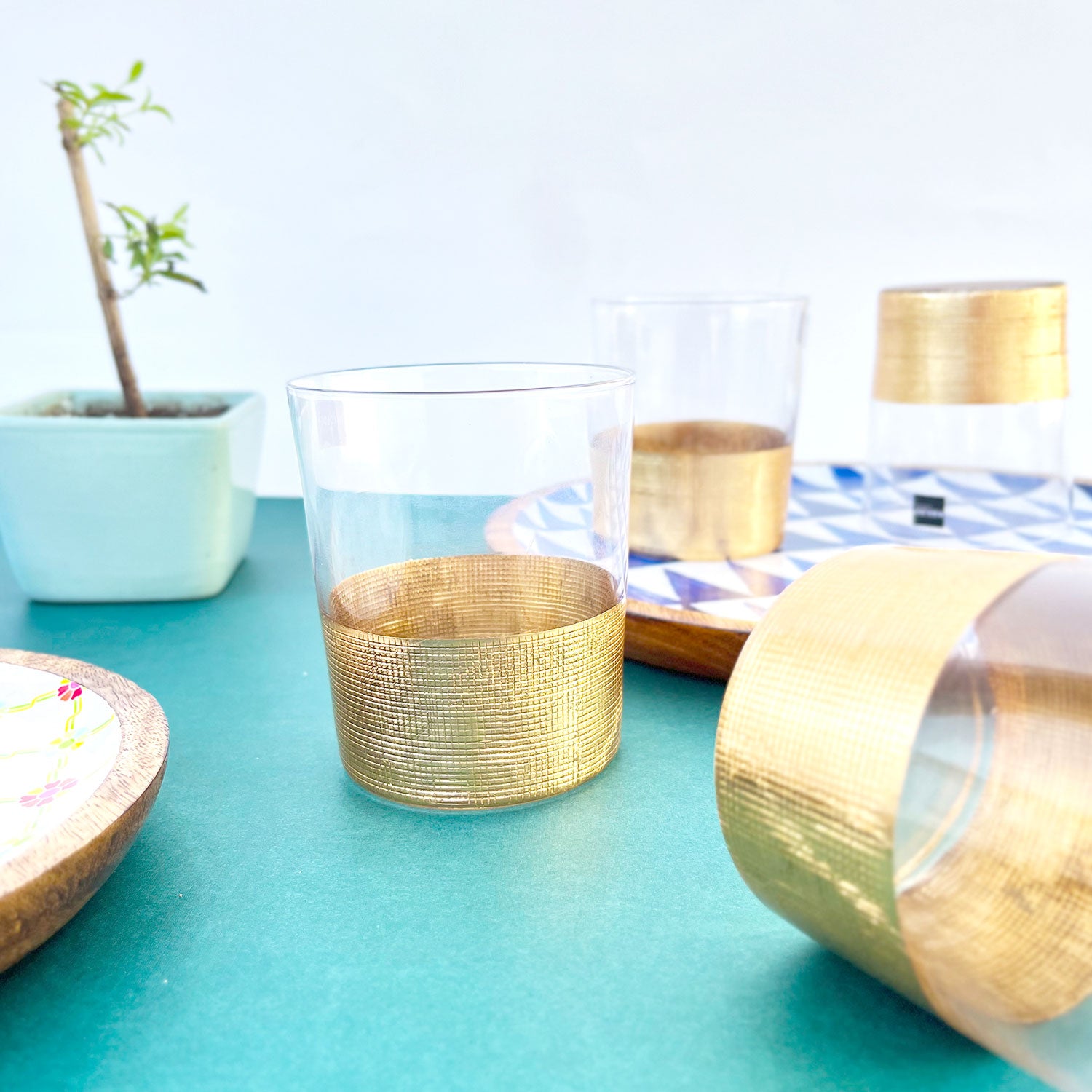 Golden Aesthetic Decorated Drinking Glass  - Set of 6 (4 inches height) | Peacoy