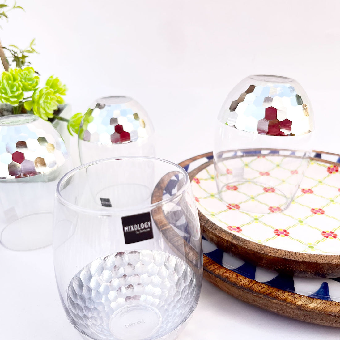 Exotic Silver Decorated Drinking Glass For Juice, Cocktails & Drinks - Set of 6 (5 inches height) | Peacoy