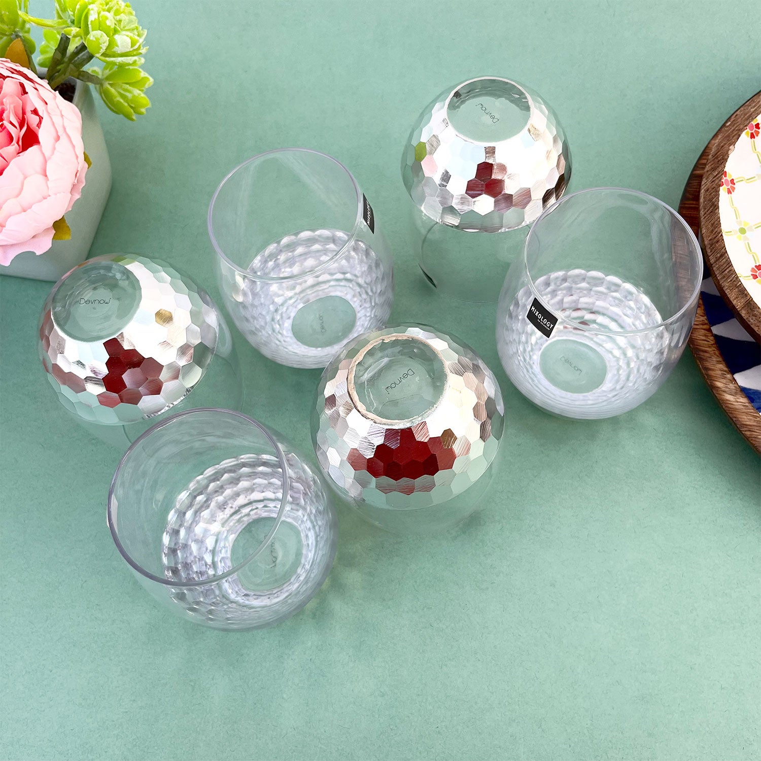 Exotic Silver Decorated Drinking Glass For Juice, Cocktails & Drinks - Set of 6 (5 inches height) | Peacoy