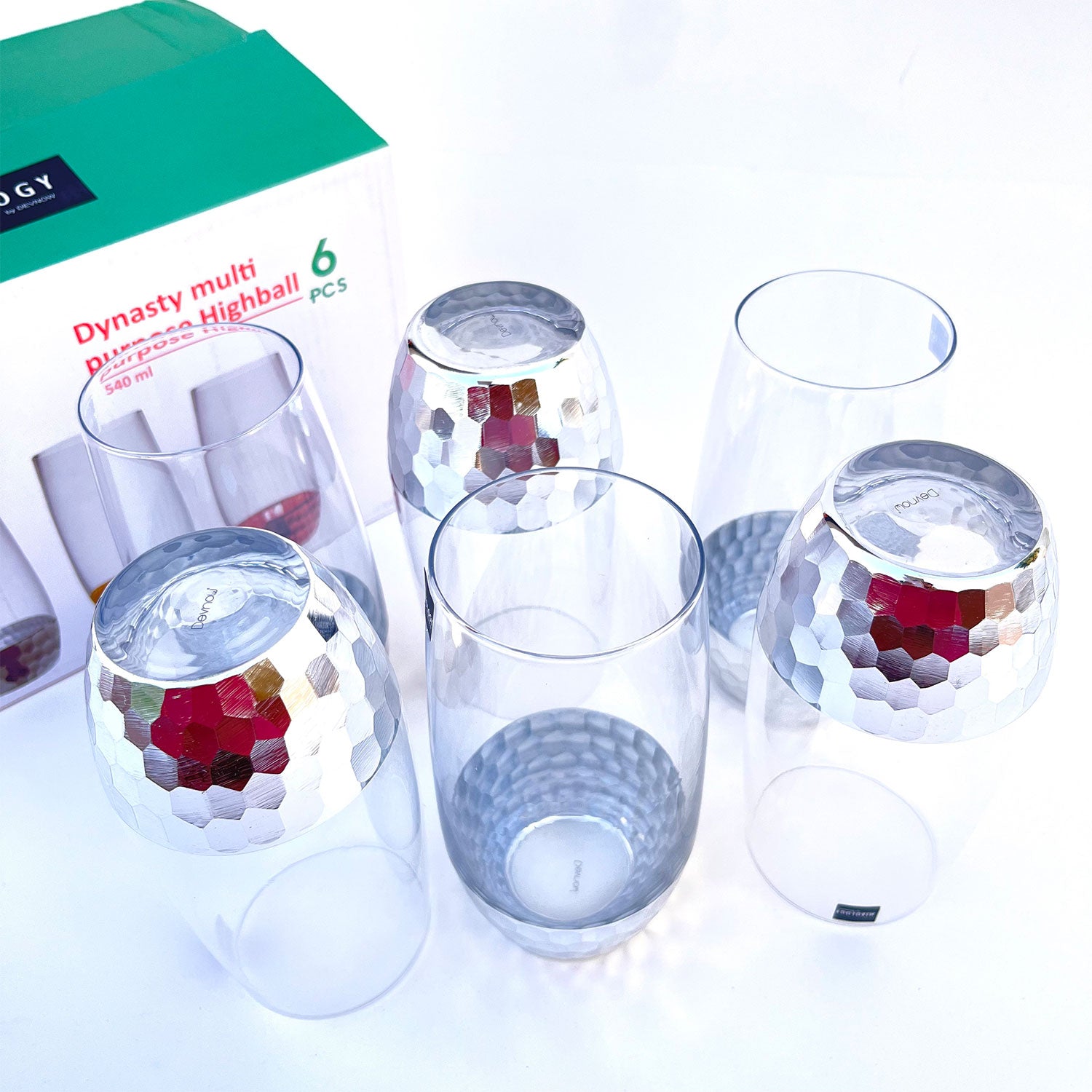 Artful Silver Decorated Drinking Glass For Juice, Cocktails & Drinks - Set of 6 (7 inches height) | Peacoy