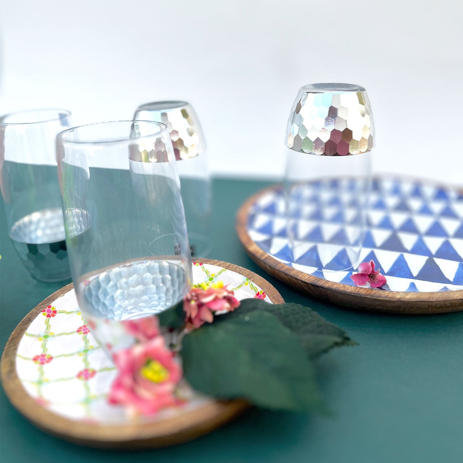 Artful Silver Decorated Drinking Glass For Juice, Cocktails & Drinks - Set of 6 (7 inches height) | Peacoy