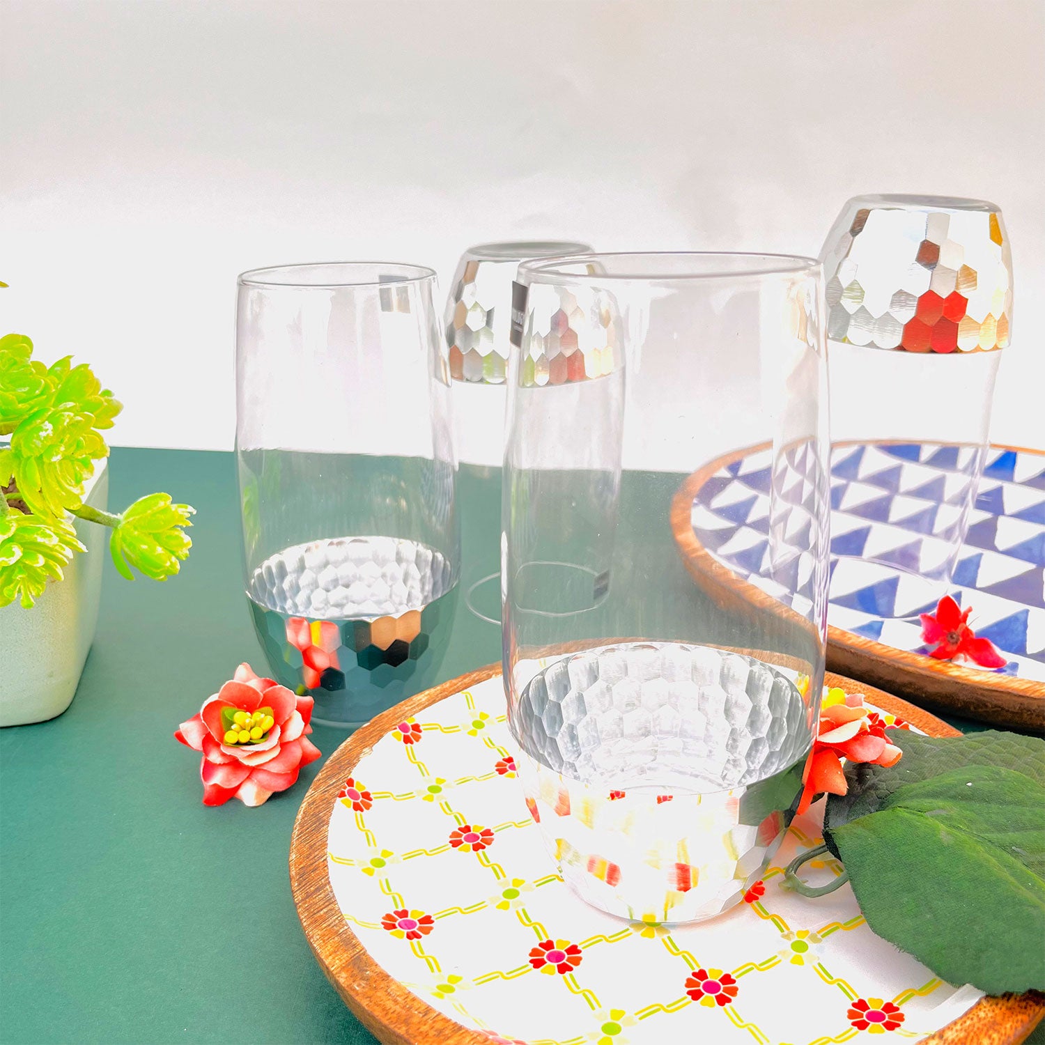 Artful Silver Decorated Drinking Glass For Juice, Cocktails & Drinks - Set of 6 (7 inches height) | Peacoy