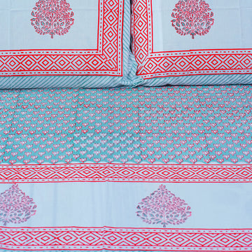 Traditional Charm Red & Blue Block Printed 210 Thread Count Cotton Double Bedsheet Set With 2 Pillow Covers