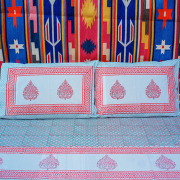 Traditional Charm Red & Blue Block Printed 210 Thread Count Cotton Double Bedsheet Set With 2 Pillow Covers