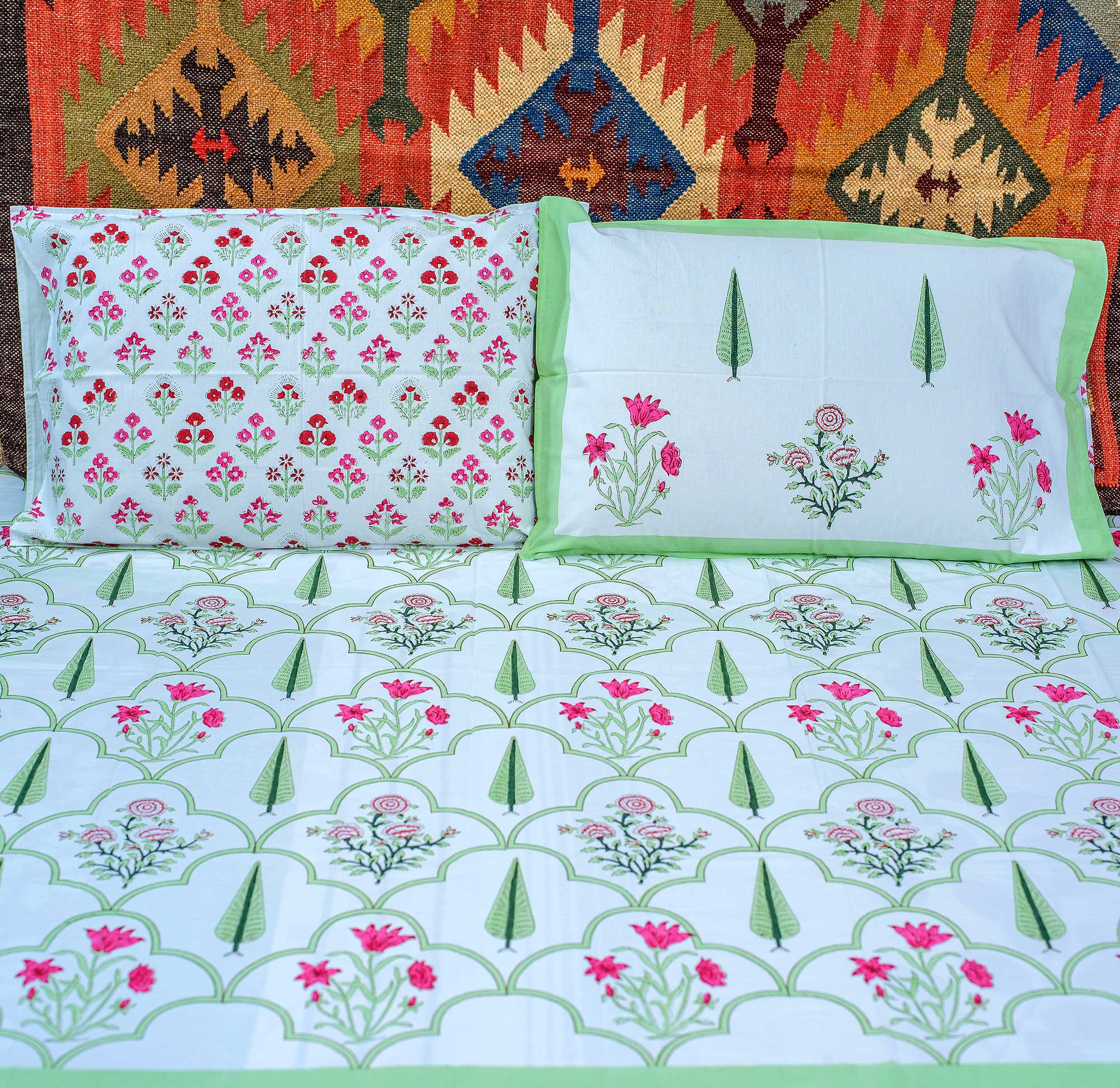 Refreshing Green & Pink Jaal Block Printed 210 Thread Count Cotton Double Bedsheet Set With 2 Pillow Covers