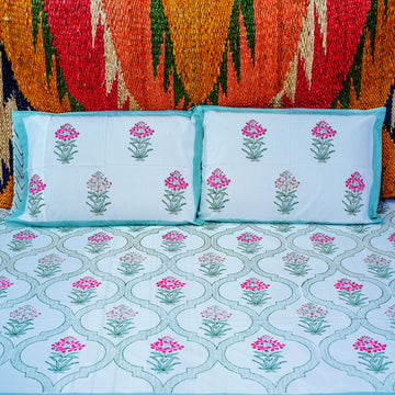 Floral Jaal Pink & White Block Printed 210 Thread Count Cotton Double Bedsheet Set With 2 Pillow Covers - 108 inches x 108 inches