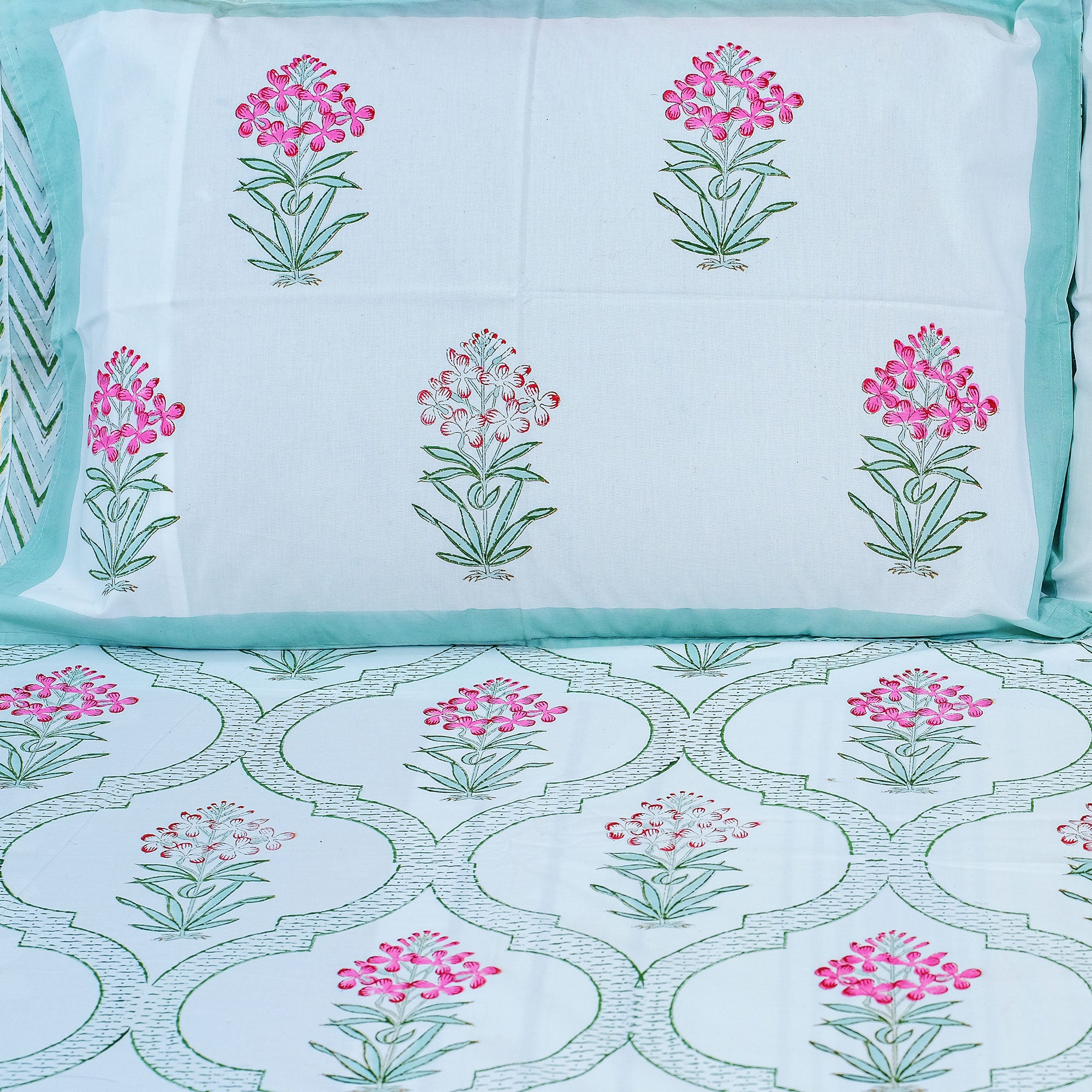 Floral Jaal Pink & White Block Printed 210 Thread Count Cotton Double Bedsheet Set With 2 Pillow Covers - 108 inches x 108 inches