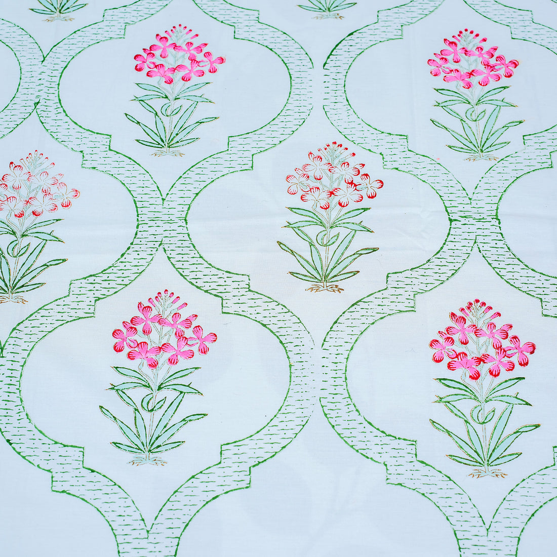 Floral Jaal Pink & White Block Printed 210 Thread Count Cotton Double Bedsheet Set With 2 Pillow Covers - 108 inches x 108 inches