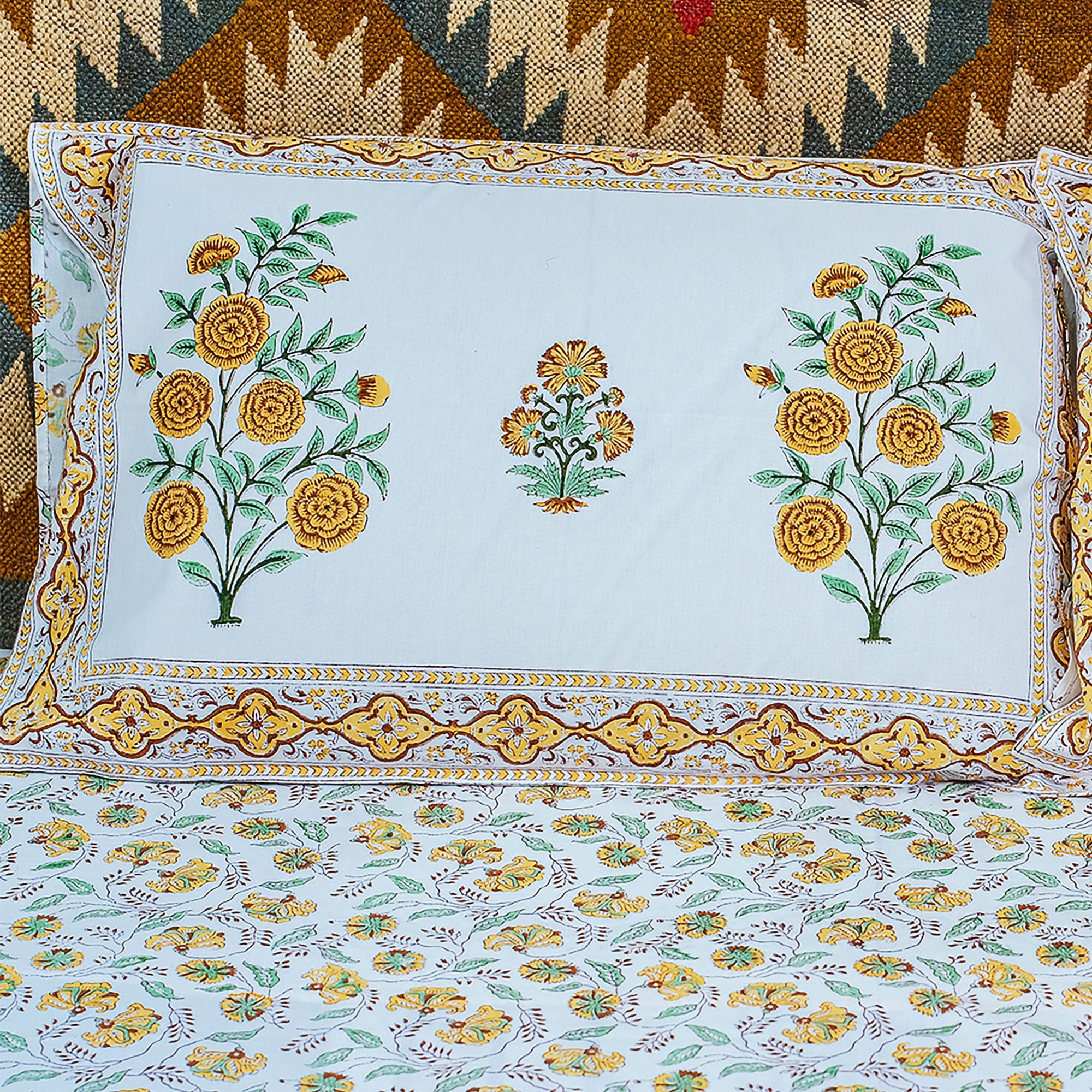Sunshine Florals Yellow Block Printed 210 Thread Count Cotton Double Bedsheet Set With 2 Pillow Covers - 108 inches x 108 inches