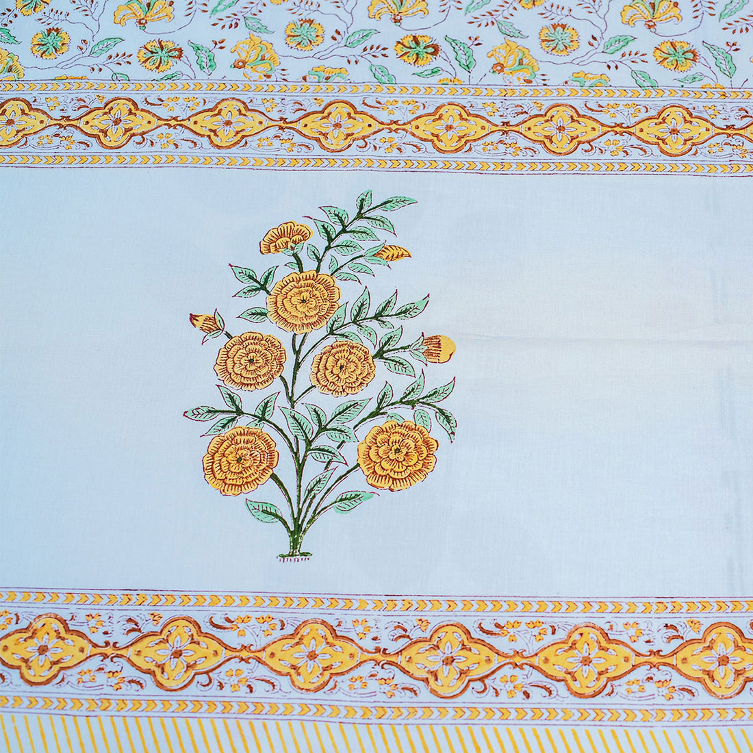 Sunshine Florals Yellow Block Printed 210 Thread Count Cotton Double Bedsheet Set With 2 Pillow Covers - 108 inches x 108 inches