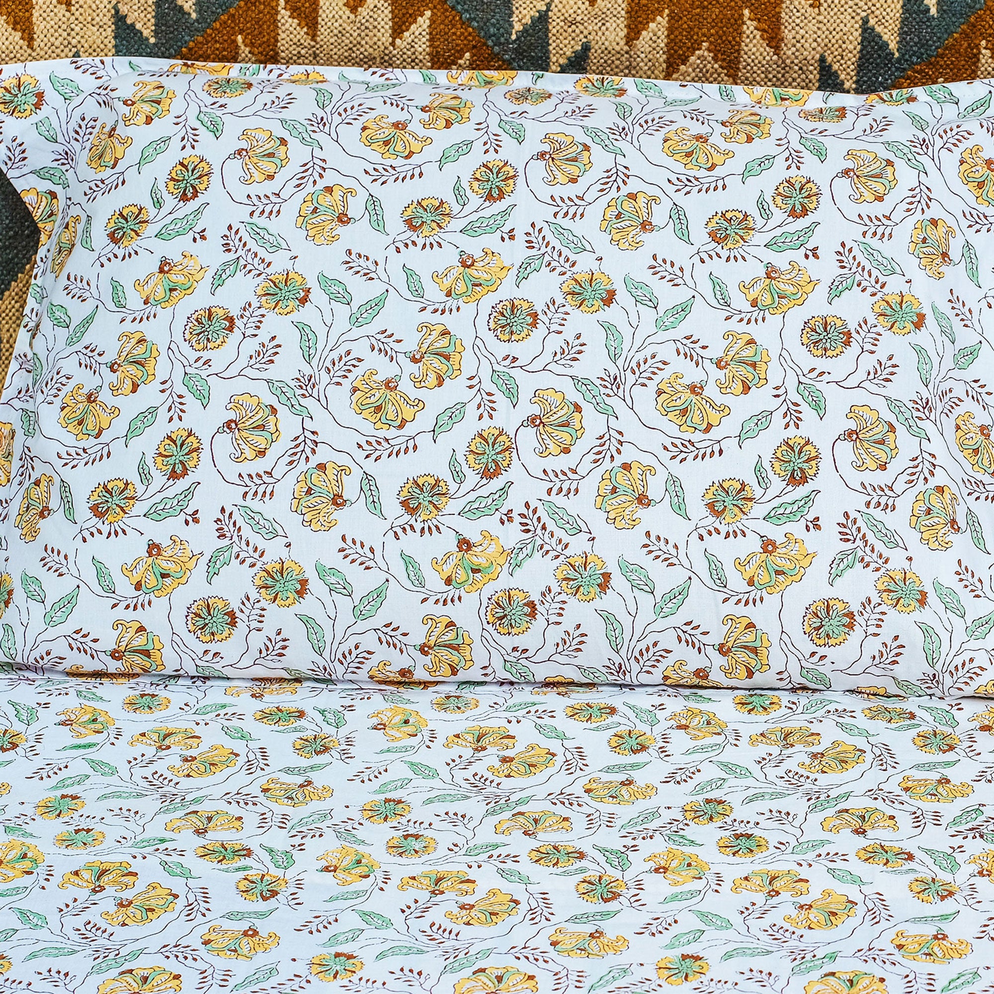 Sunshine Florals Yellow Block Printed 210 Thread Count Cotton Double Bedsheet Set With 2 Pillow Covers - 108 inches x 108 inches