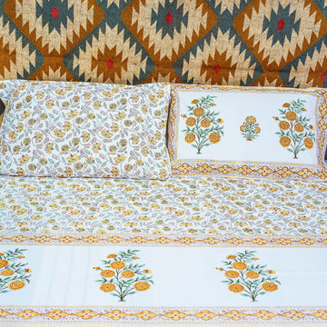 Sunshine Florals Yellow Block Printed 210 Thread Count Cotton Double Bedsheet Set With 2 Pillow Covers - 108 inches x 108 inches