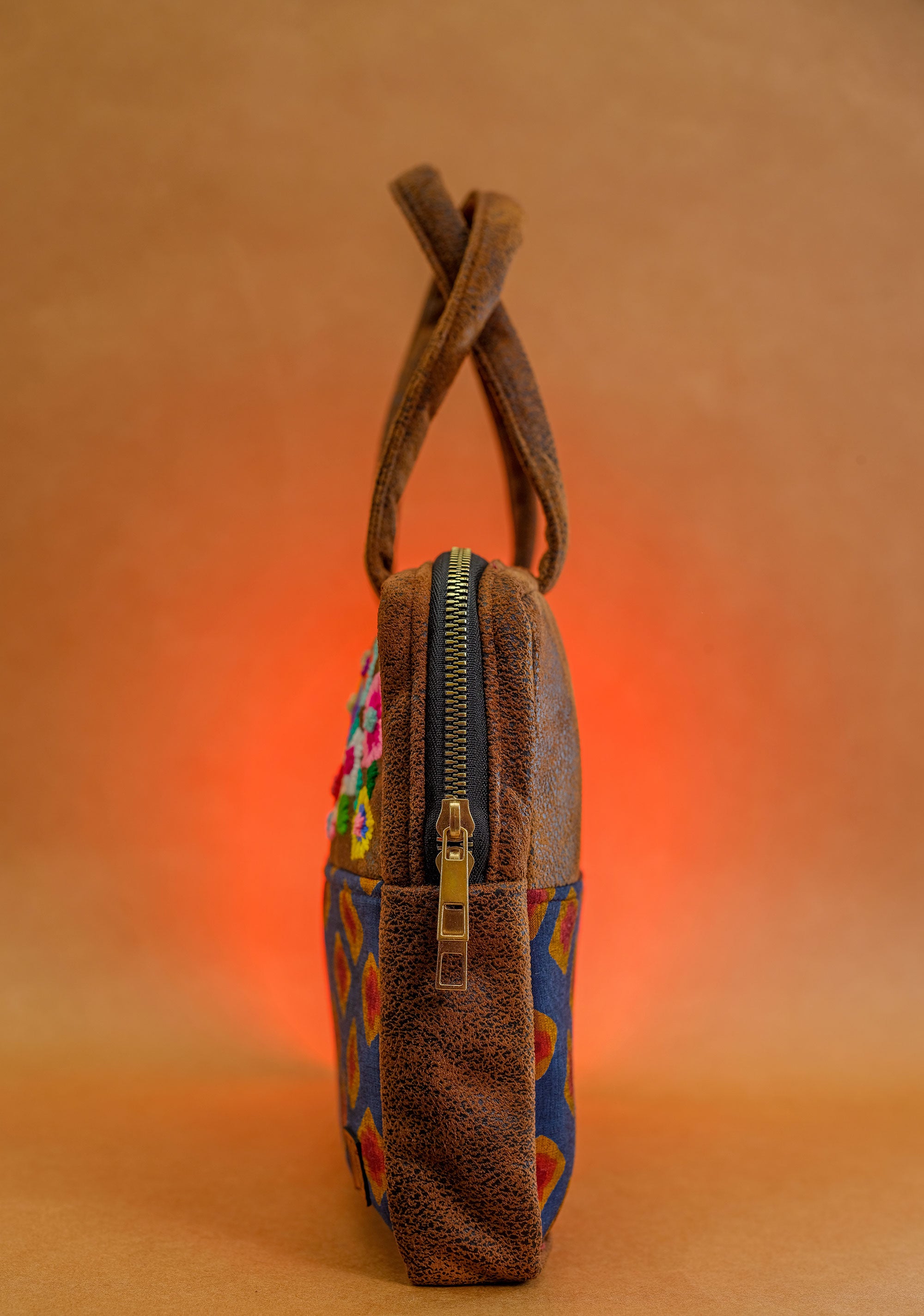 Fresh Dazzle Suede Leather Finish Floral Embroidery Handbag / Shoulder Bag - 8 x 10 x 11 inches | Peacoy