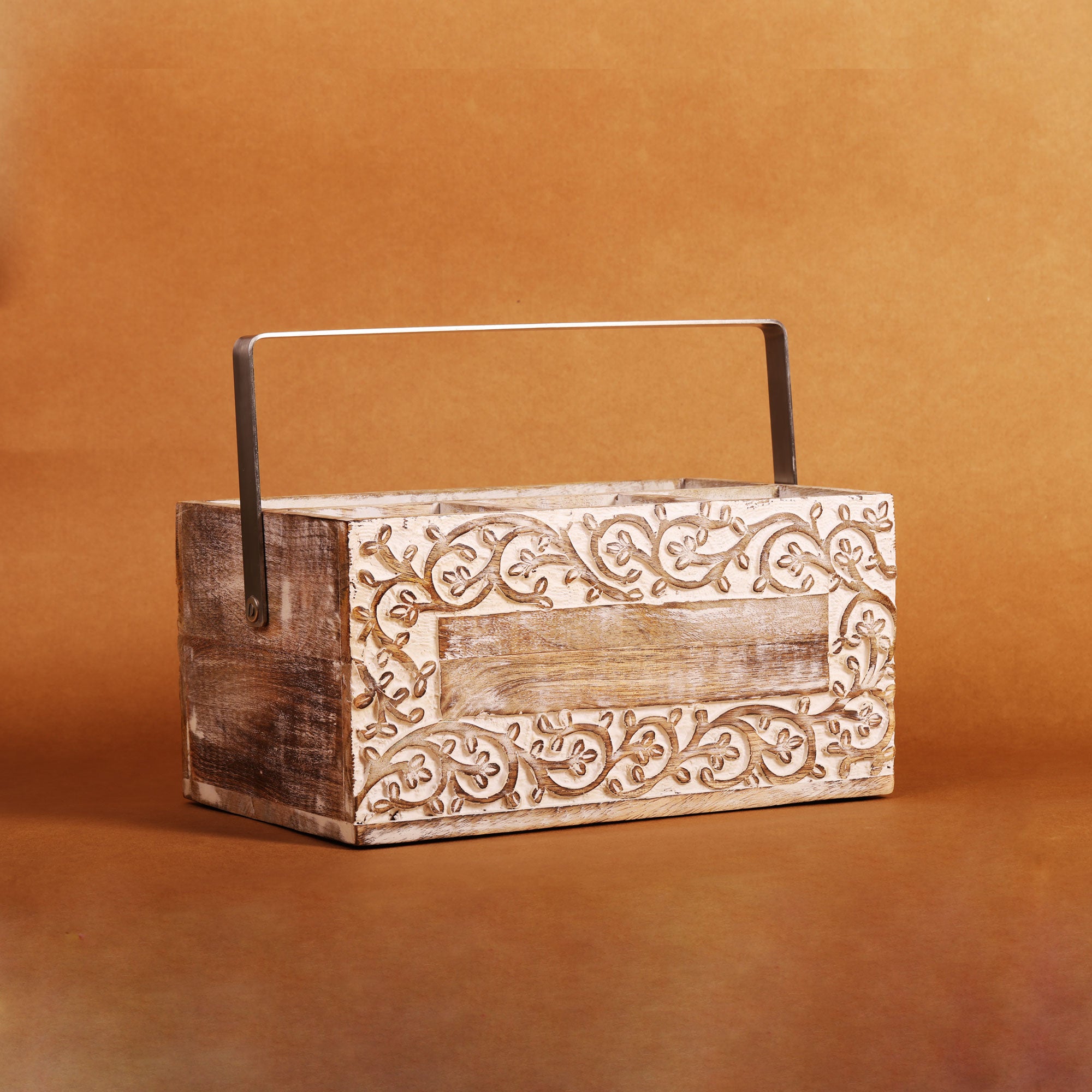 Mango Wood Artistic Handcrafted Multi Purpose Organizer - 12 x 8 x 6 inches | Peacoy