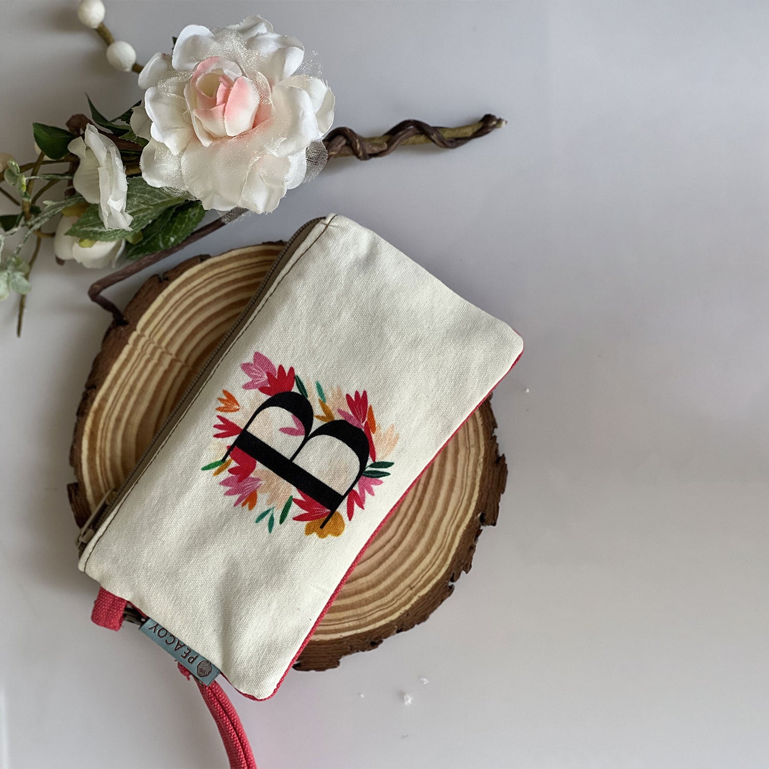 100% Cotton White Utility Pouch With Initial B - 7 inches x 5 inches | Peacoy