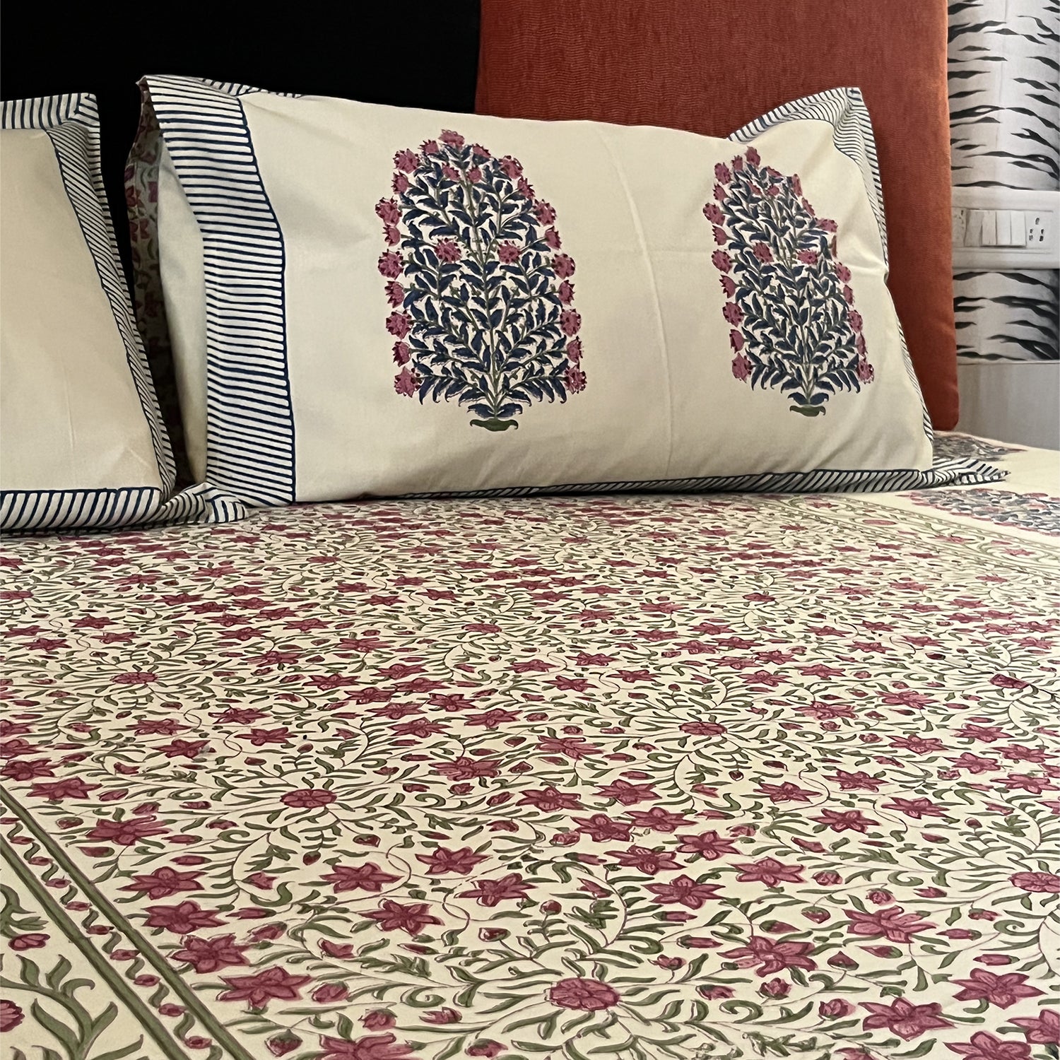 Blooming Bouquet White with Blue & Pink Motif Block Printed 100% Cotton Bedsheet With 2 Pillow Covers