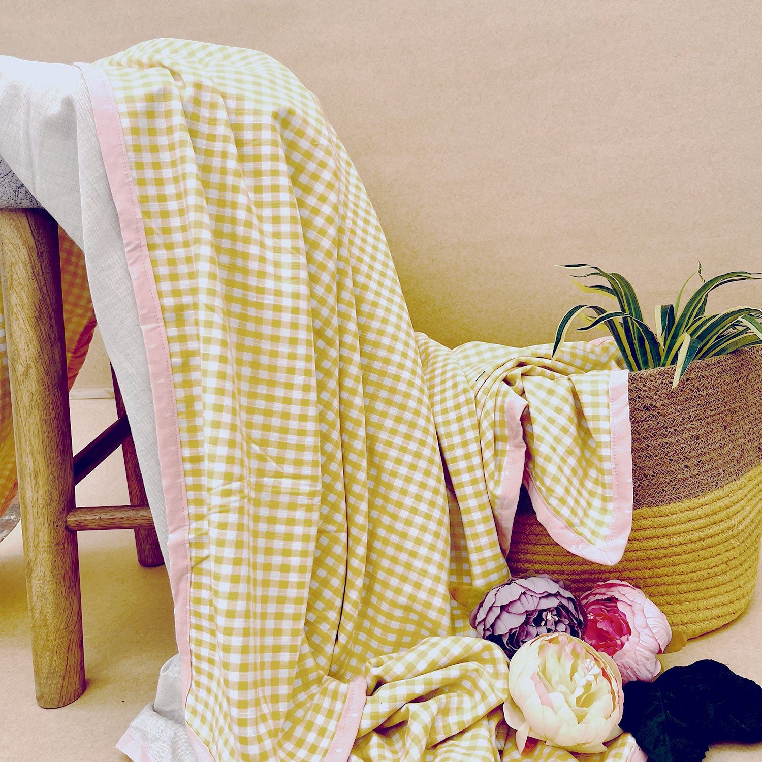 Pure Cotton Sunshine Yellow Chequer Single Blanket - 60 x 90 inches