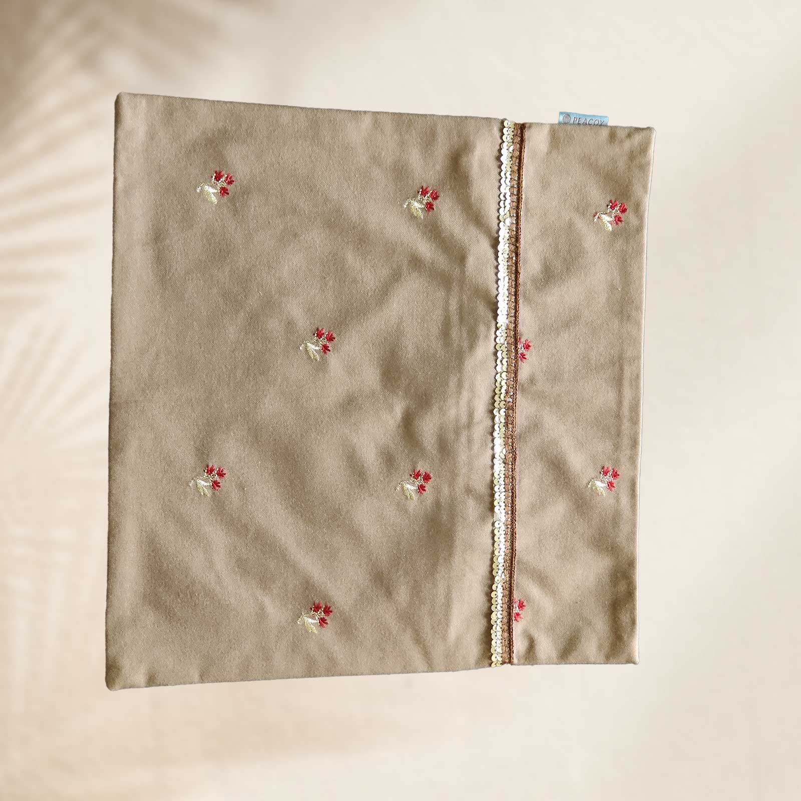 Traditional & Stylish Beige Cushion Cover - 16 x 16 inches | Heavy Silk Polyester with Pure Casement Cotton Back with Zipper