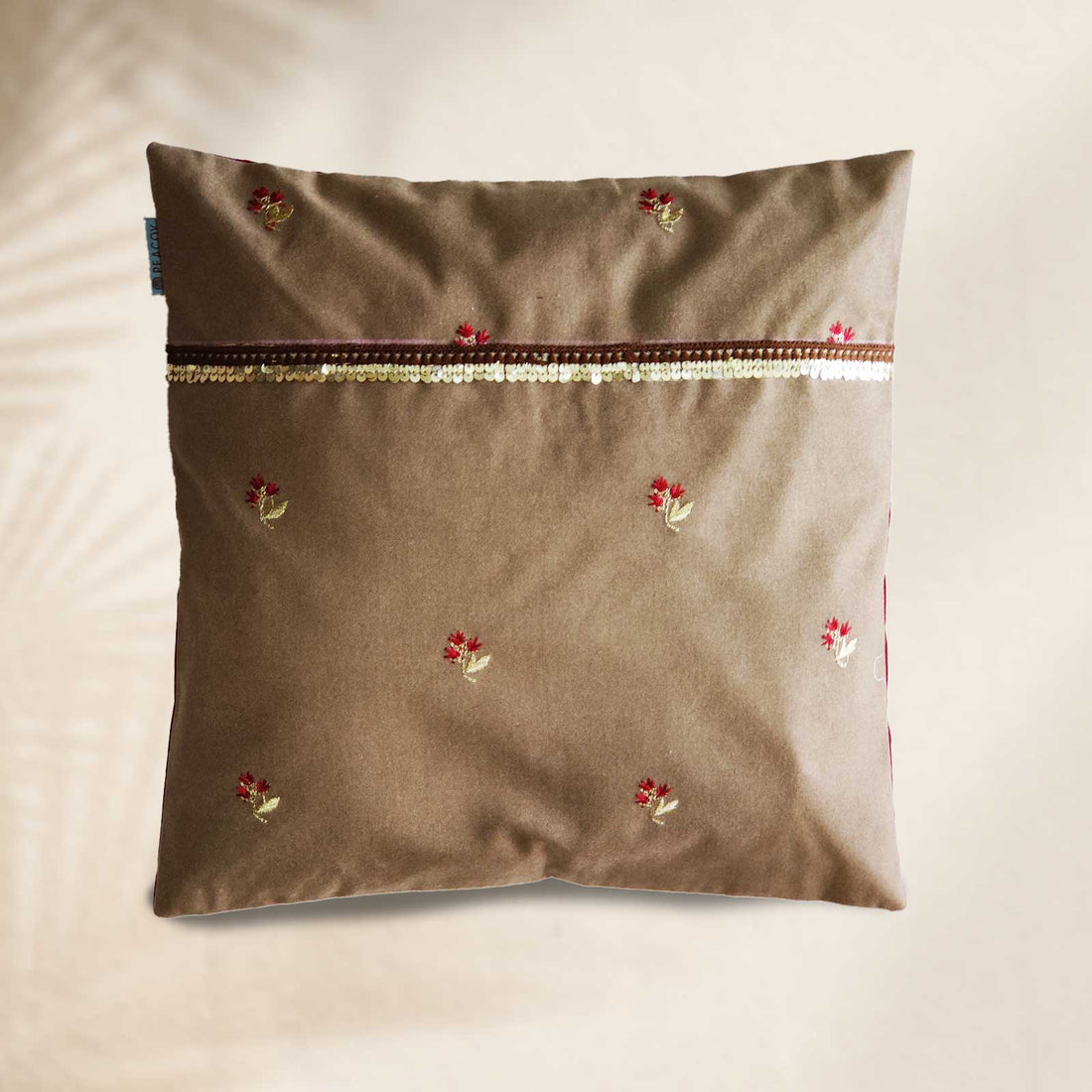 Traditional & Stylish Beige Cushion Cover - 16 x 16 inches | Heavy Silk Polyester with Pure Casement Cotton Back with Zipper