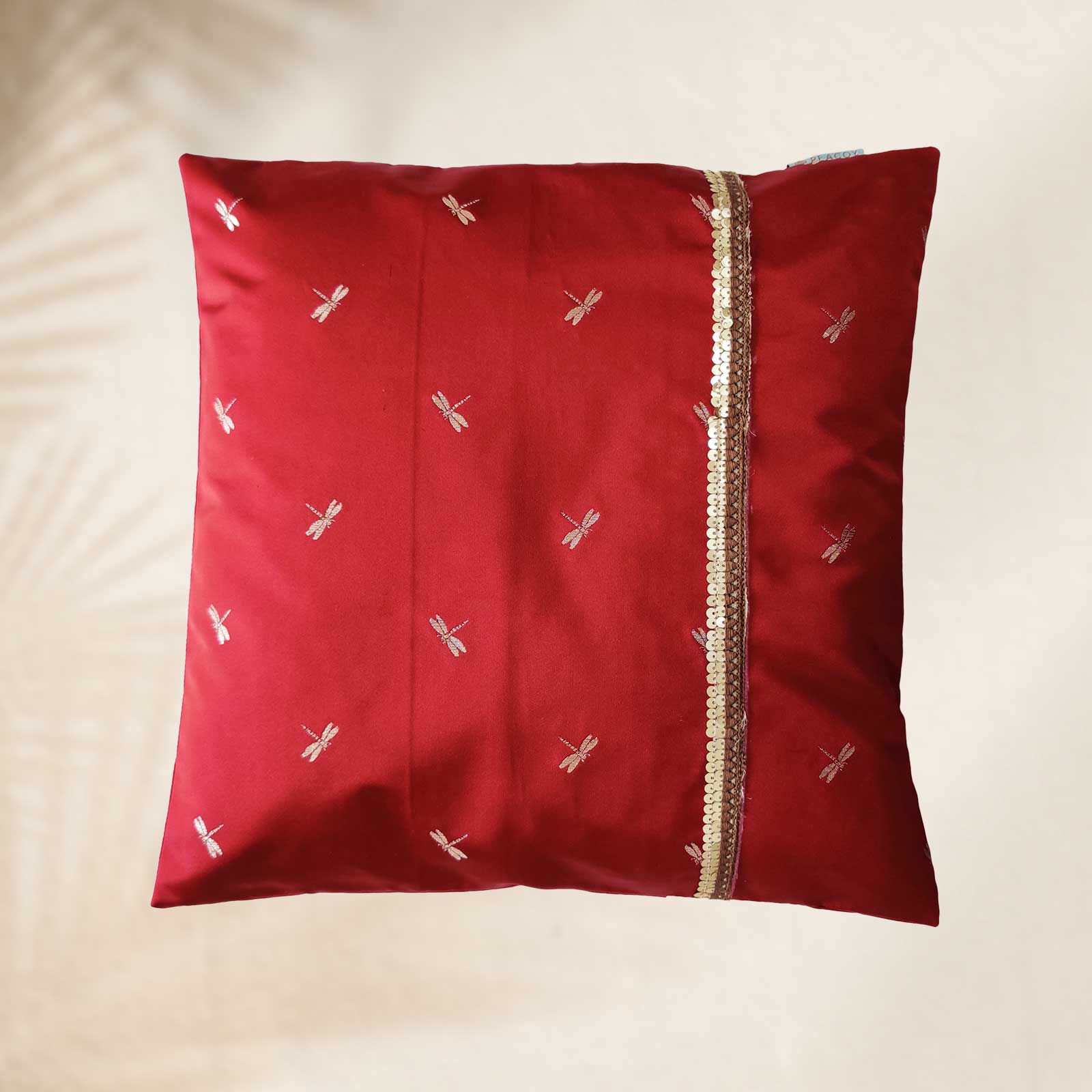 Authentic Maroon Red Cushion Cover - 16 x 16 inches | Heavy Silk Polyester with Pure Casement Cotton Back with Zipper
