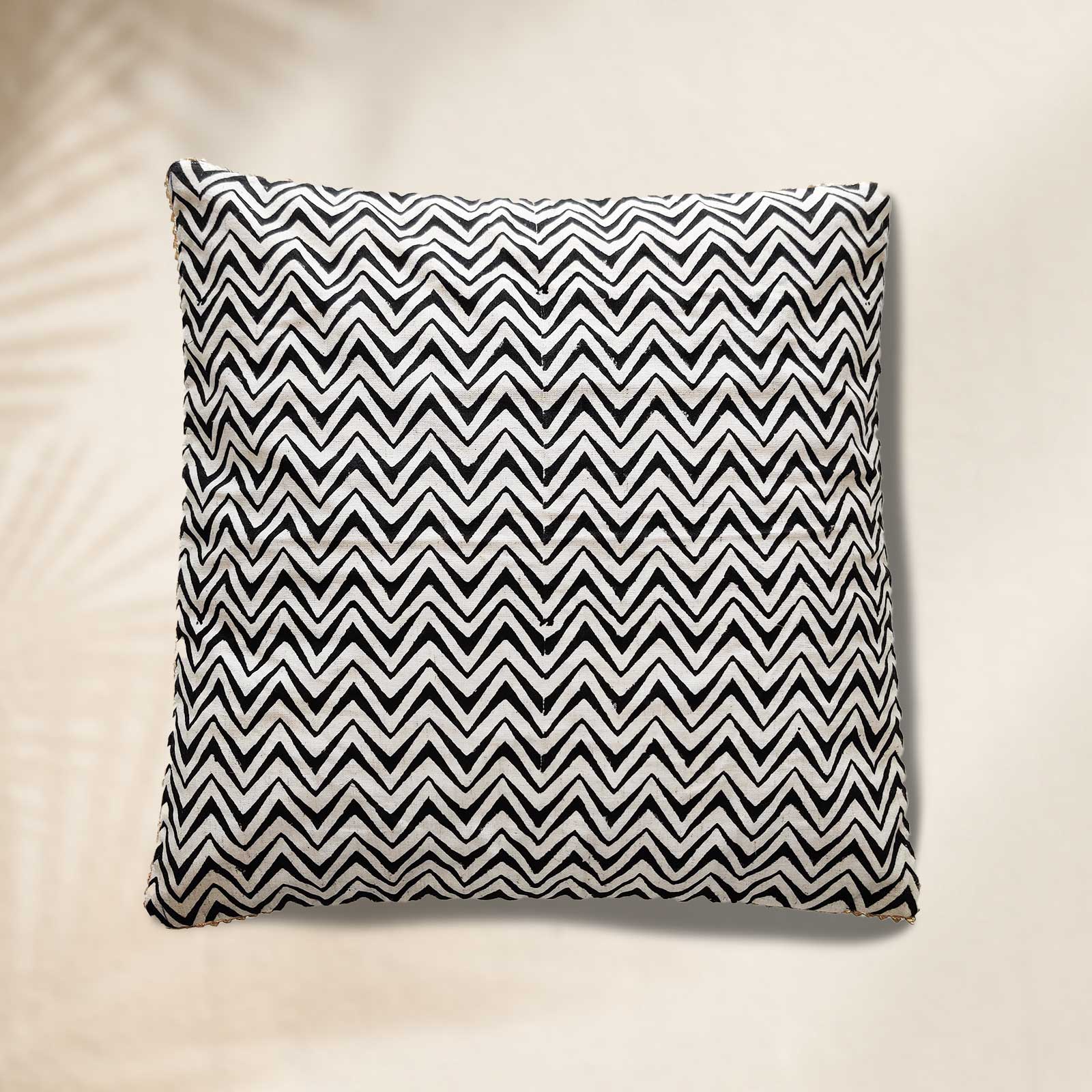 Zig-Zag Black & White Pure Cotton Cushion Cover - 16 x 16 inches