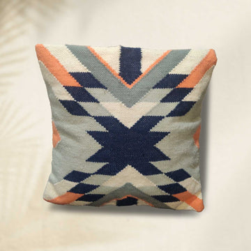 Blue & Grey Handwoven Wool Cushion Cover - 18 x 18 inches