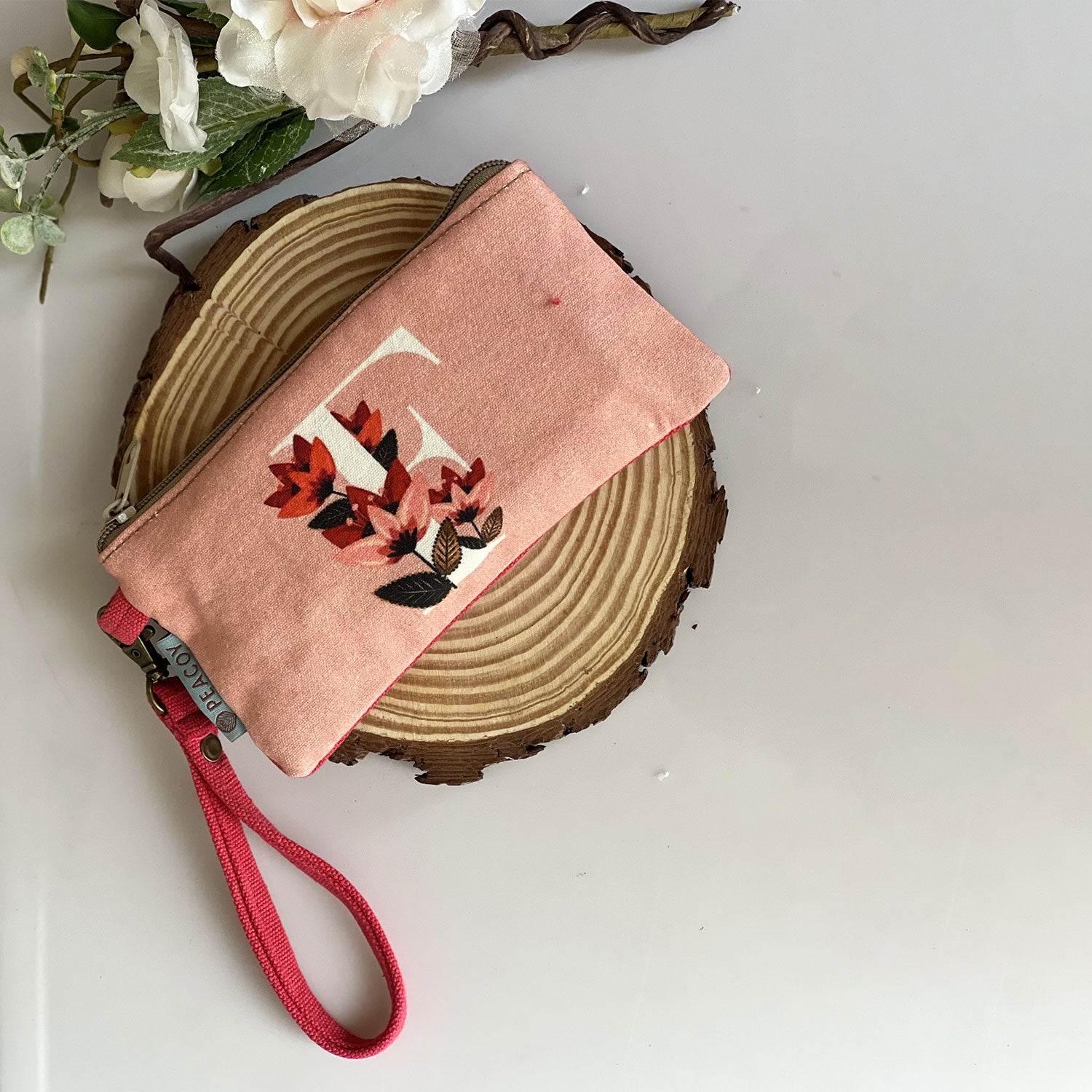 100% Cotton Pink Utility Pouch With Alphabet F - 7 inches x 5 inches | Peacoy