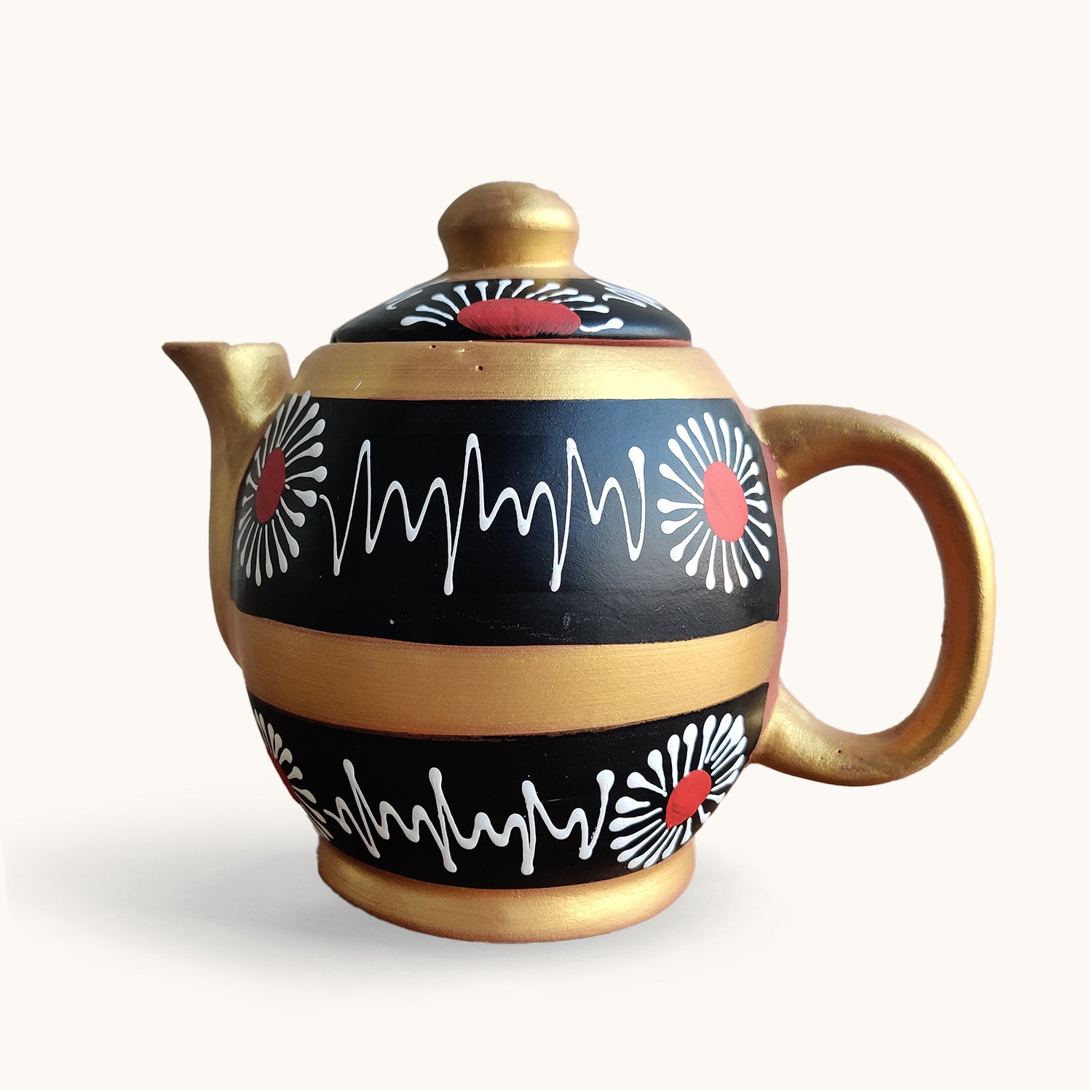 Black & Golden Handpainted Organic Terracotta Clay Tea Set - Set of 16 Pieces | Peacoy