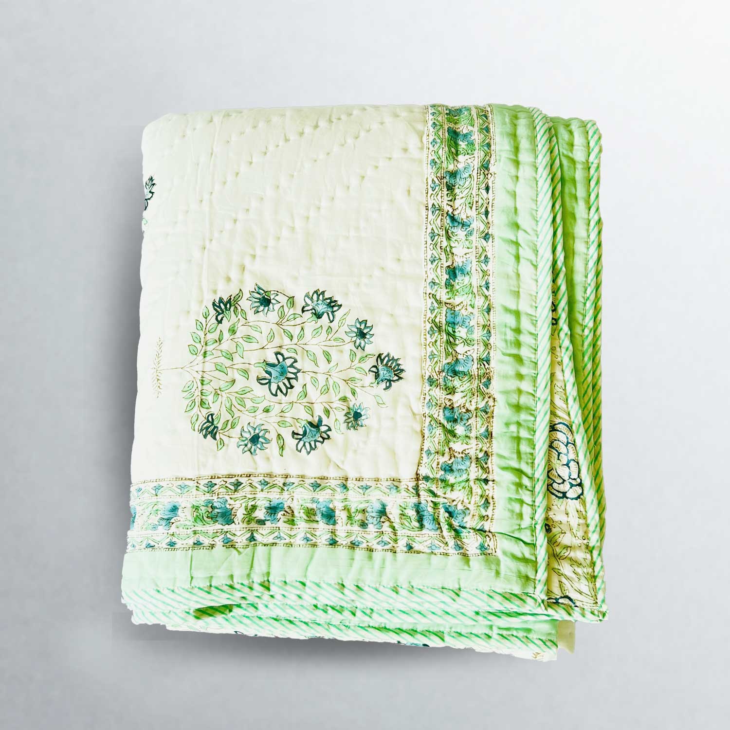 Green & White Soft Cotton Printed Quilt - 90 inches x 100 inches