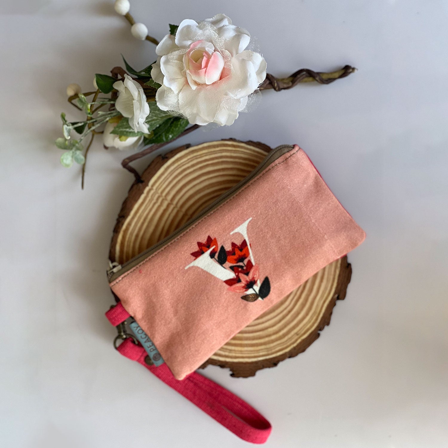 Alphabet V 100% Cotton Pink Utility Pouch - 7 inches x 5 inches | Peacoy