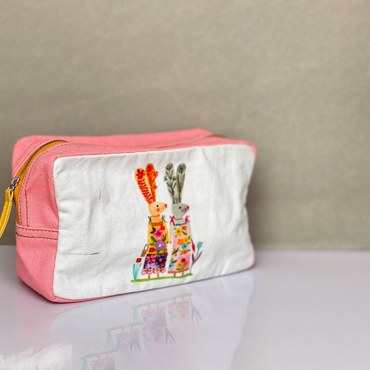 Rabbit Printed Light Pink Toiletry Pouches (3 Pouches)