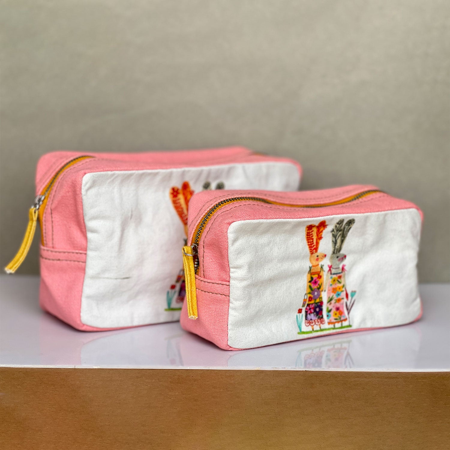 Rabbit Printed Light Pink Toiletry Pouches (3 Pouches)