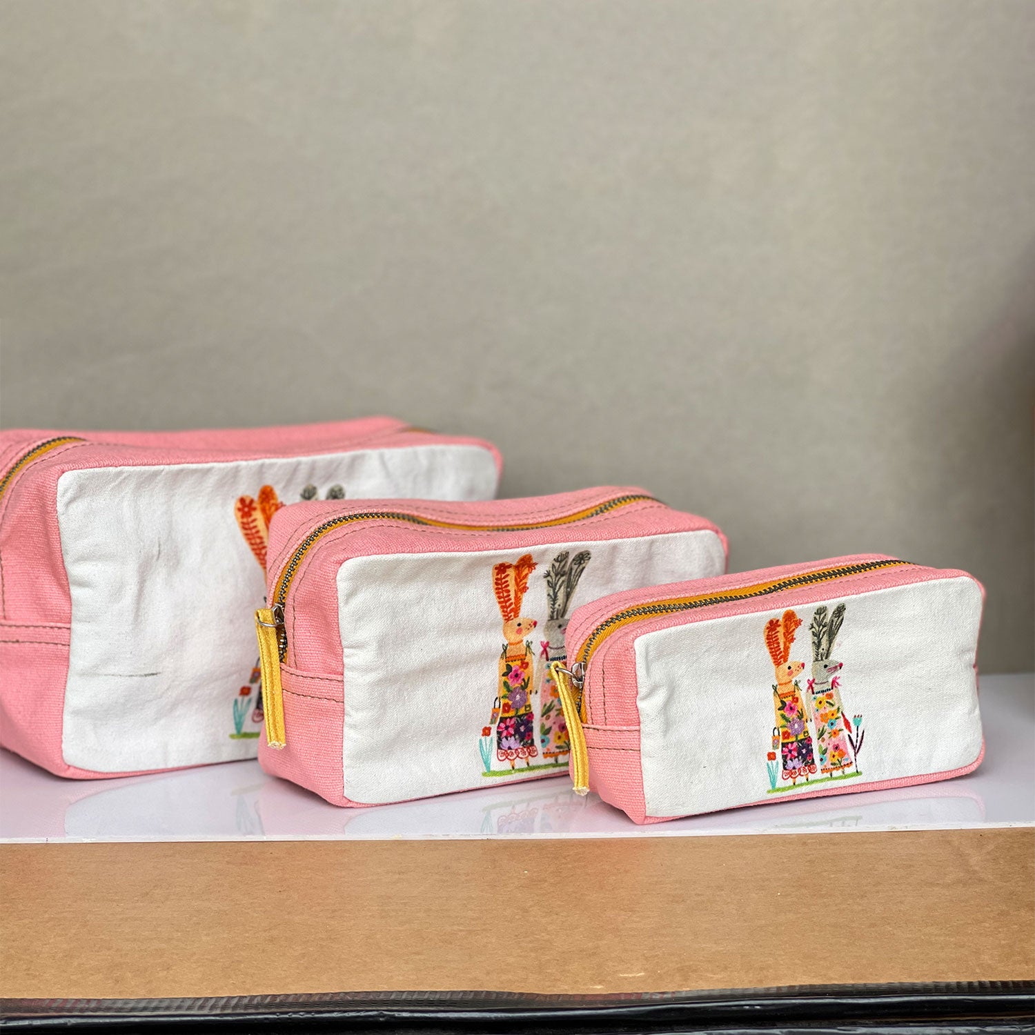 Rabbit Printed Light Pink Toiletry Pouches (3 Pouches)