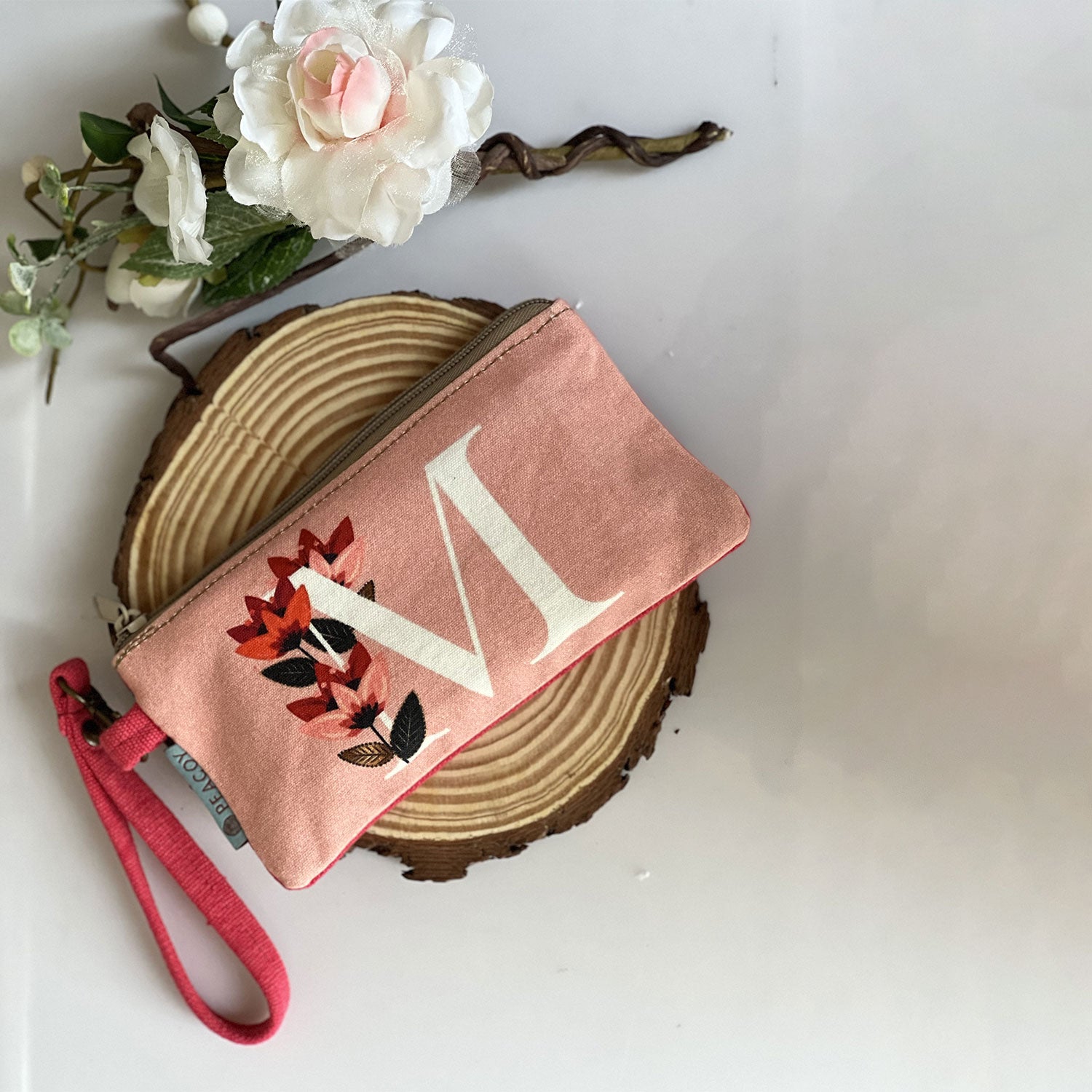 100% Cotton Pink Utility Pouch With Alphabet M - 7 inches x 5 inches | Peacoy