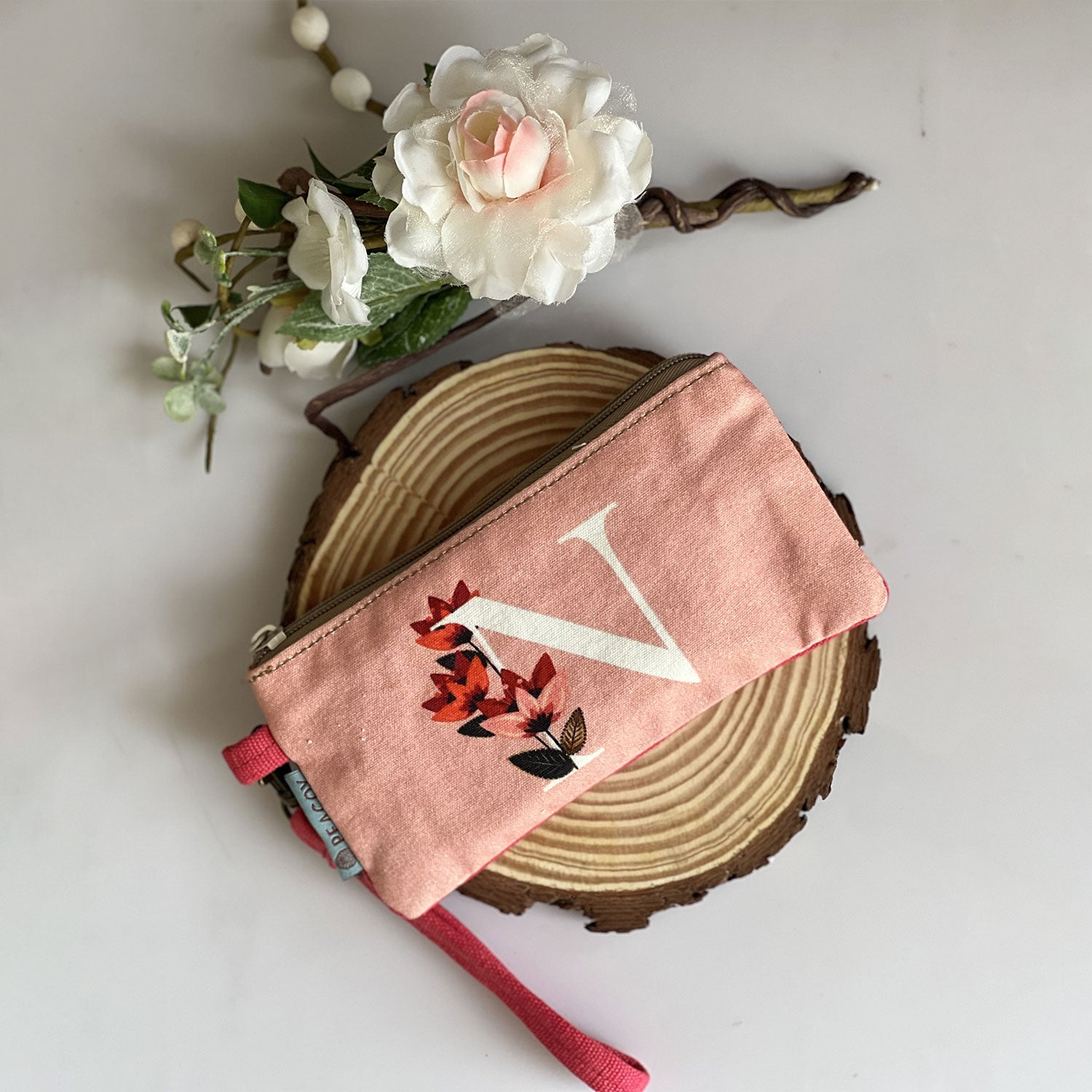 100% Cotton Pink Utility Pouch With Alphabet N - 7 inches x 5 inches | Peacoy