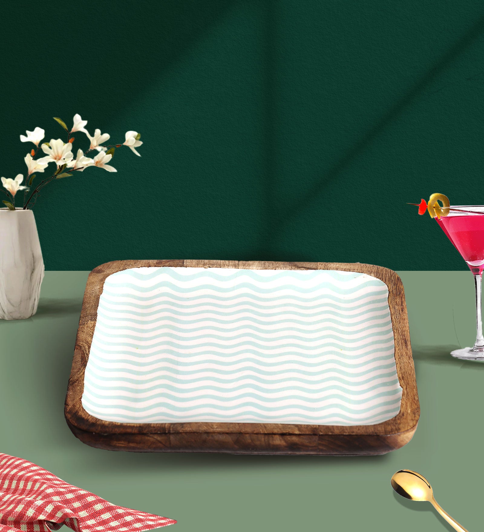 Gentle Waves Sea Green Square Mango Wood Platter With Enamel Finish - 10 x 10 inches | Peacoy