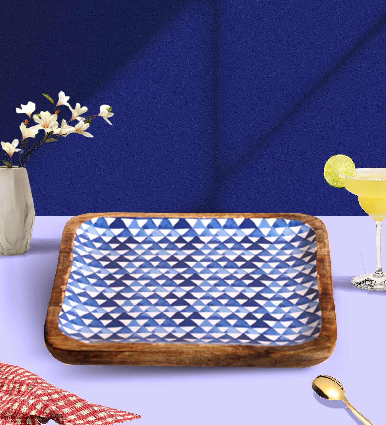 Triangle Maze Blue Square Mango Wood Platter With Enamel Finish - 10 x 10 inches | Peacoy