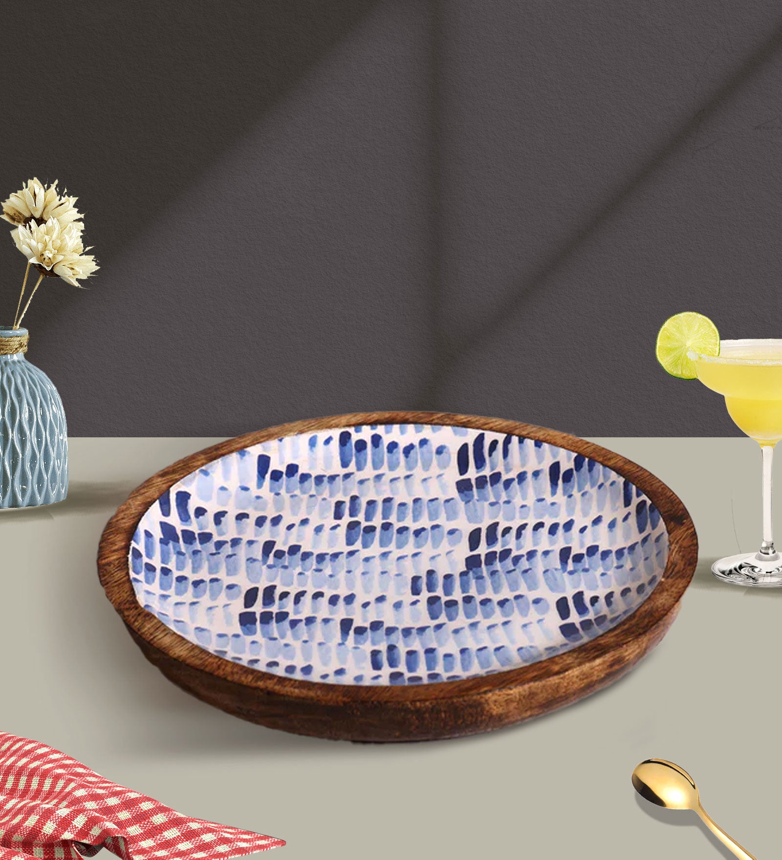 Brush Paint Blue Round Mango Wood Platter | Peacoy