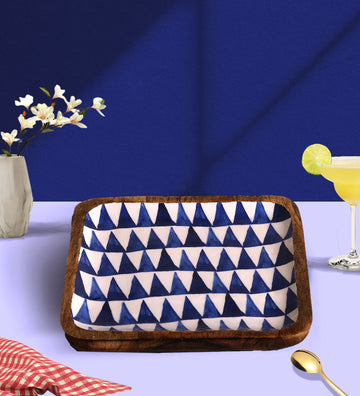 Boho Triangles Blue & White Square Mango Wood Platter With Enamel Finish - 10 x 10 inches | Peacoy