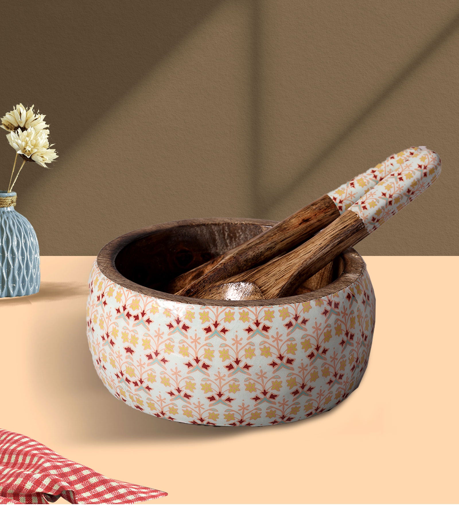 Artistic Florals Mango Wood Salad Bowl with Server Set - 500 g | Peacoy