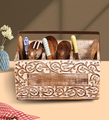 Mango Wood Artistic Handcrafted Multi Purpose Organizer - 12 x 8 x 6 inches | Peacoy