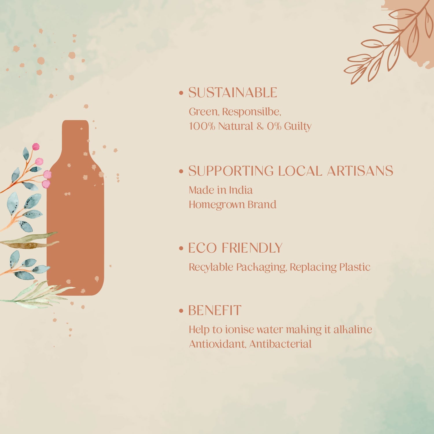 Nature Green & Pink 100% Pure Copper Bottle - 1000 ml