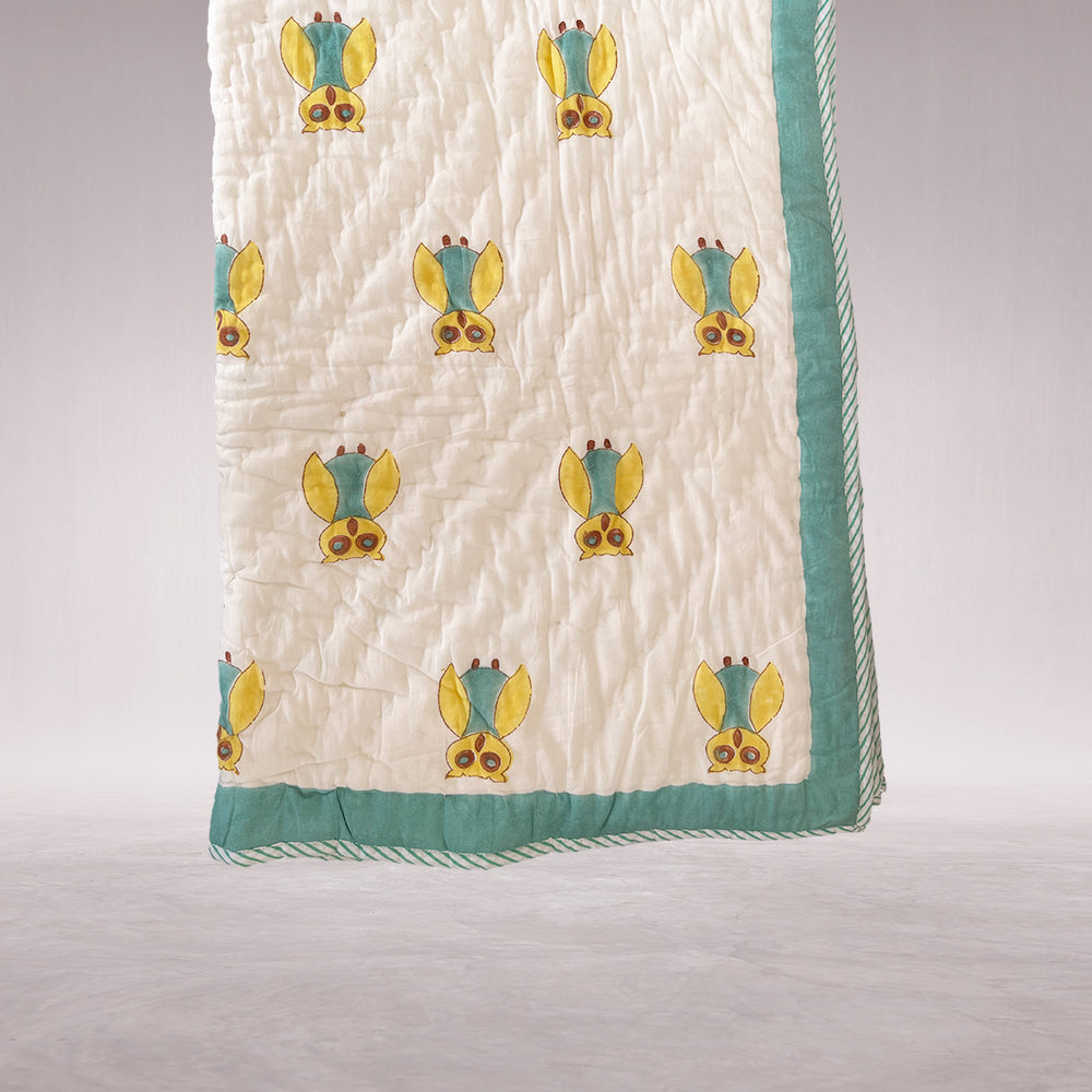 Cute Quirk Owl Print White Cotton Quilt for Kids - 60 inches x 40 inches